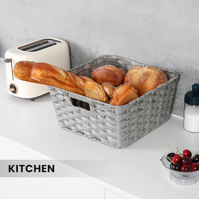 2-Pack Plastic Wicker Storage Baskets for Bathroom, 12"x12"x6", Grey | Versatile woven storage bins for shelves, toilet paper, closet, and home organizing – stackable, durable.