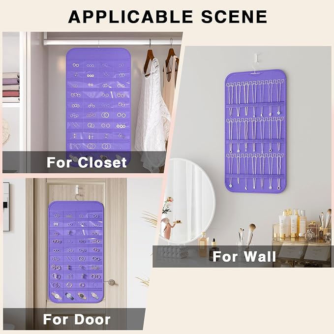 Double-Sided Hanging Jewelry Organizer for Necklaces Earrings 1-Pack Purple | Foldable 36 hooks & 40 clear pockets; swivel hook fits walls, doors & rods for earrings, bracelets, rings & small jewelry