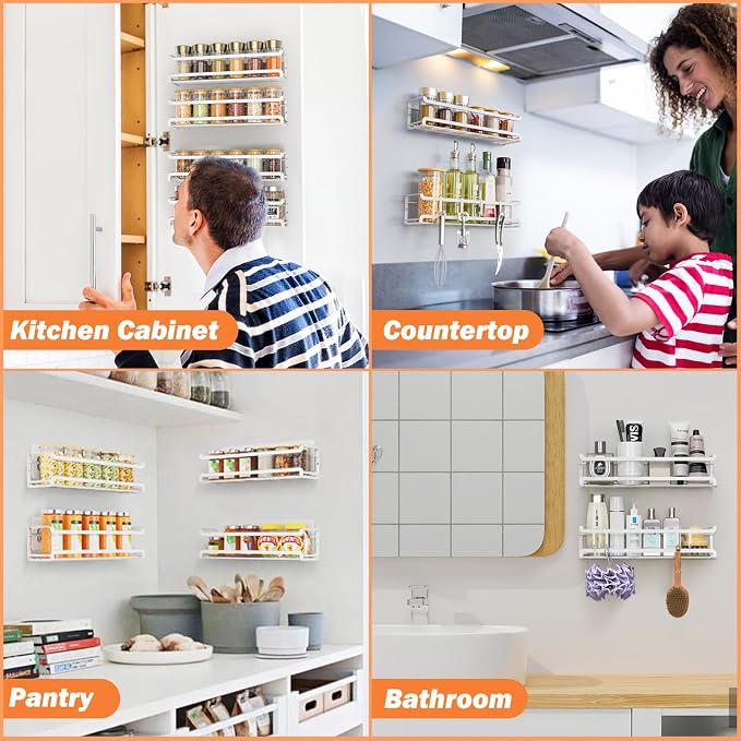 Bunoxea Spice Rack Wall Mounted 2 Pack, White,For Spice Jars & Seasonings | 2 Removalble Hooks,Screw or Adhesive Hanging, Space-Saving,For Kitchen Cabinet, Pantry Door,Stove,RV Use,11.41x2.75x2.75in