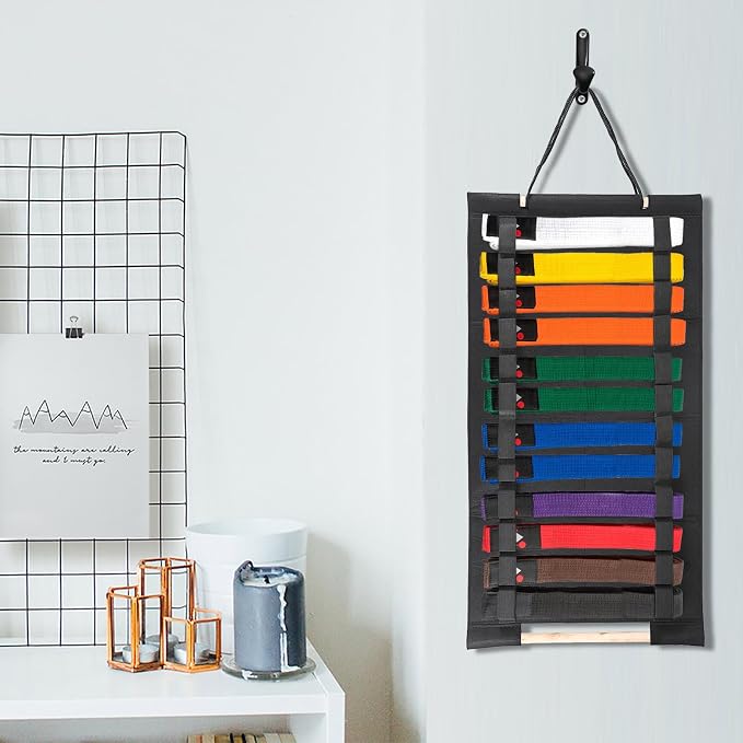 JUXYES Wall Hanging Martial Arts Belts Organizer, Portable Karate Belt Display Holder with Medals Hanging Stick, Lightweight Hanging Taekwondo Belt Display Holder for Martial Arts Learner