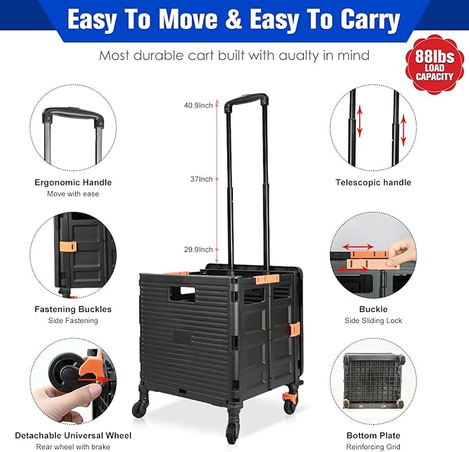 Foldable Utility Cart,Rolling Crate Heavy Duty Shopping Cart with 360° Silent Wheel with Brake System,55L Capacity,Transport Weight up to 177 Pounds,Travel Shopping Moving Luggage Office Use