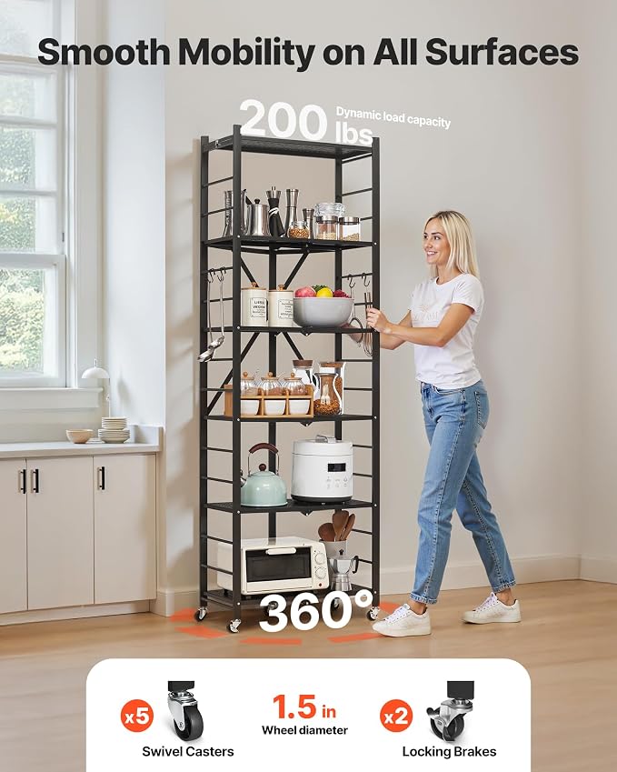 VEVOR 6-Tier Foldable Storage Shelf, 24W x 12D x 72H Inch Folding Metal Rack Shelving Unit, No Assembly Organizer Shelf with 5 Wheels & 4 Hooks for Pantry, Kitchen, Garage, Basement, Black