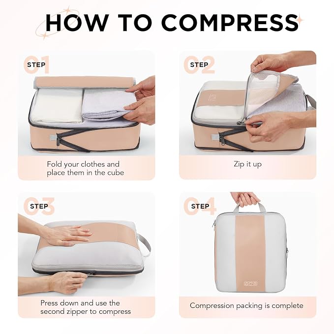 OlarHike 10 Set Compression Packing Cubes for Travel Essentials,Compressible Expandable Space Saver Bags for Organizing Clothes,Luggage Suitcase Garment Bags with Over 1000 pcs Mesh Holes(Gold)