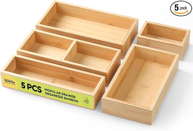 lilLittle Bamboo Drawer Organizer, 5 Pcs Multi Purpose Drawer Organizer Set | Wood Wax Oil Finish, Natural Bamboo, Sturdy, Space Saving, Versatile Storage, Easy to Clean