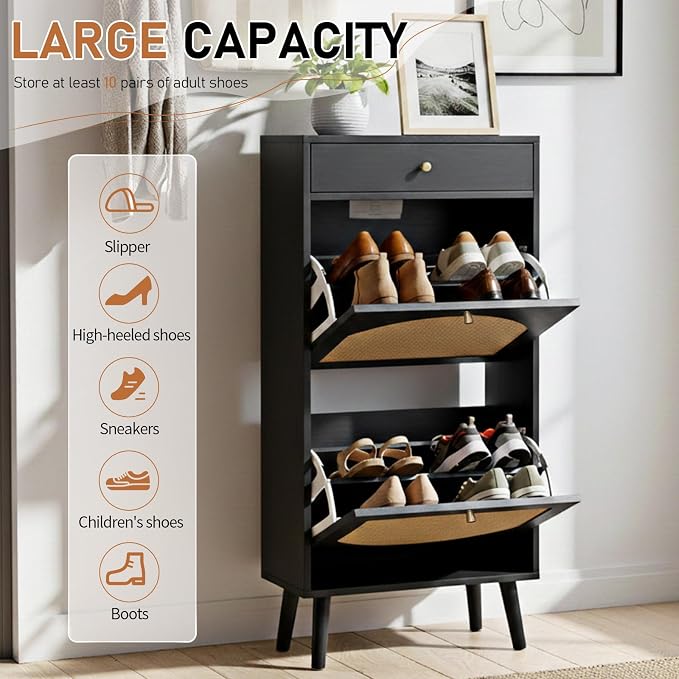 Karl home Black Rattan Shoe Cabinet, 1-Drawer 2-Tilt-Out Entryway Organizer | Hidden Shoe Rack Storage with Rattan Panel for Heels, Slippers and Casual Shoes, Space Saving Entryway Storage Furniture