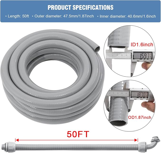 DWALE Liquid-Tight Conduit and Connector Kit,Flexible Non Metallic Liquid Tight Electrical Conduit,1-1/2inch50ft Electrical Conduit Kit,with 4Straight and 3 Angle Fittings Included,1-1/2 in. Dia