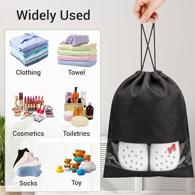 Large Shoe Bags for Packing with Clear Window, 17.3" X 12.6" Dustproof Drawstring Travel Shoe Storage Bags for Men & Women (10, Black)