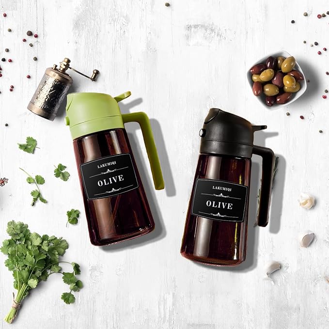 Oliver Oil Sprayer & Dispenser for Cooking Bottle 16oz Dark Glass Fine Mist | 2pcs,Brown Bottles-Black and Green,2-in-1 Lightproof Borosilicate Glass Oil Bottle, Wide Mouth