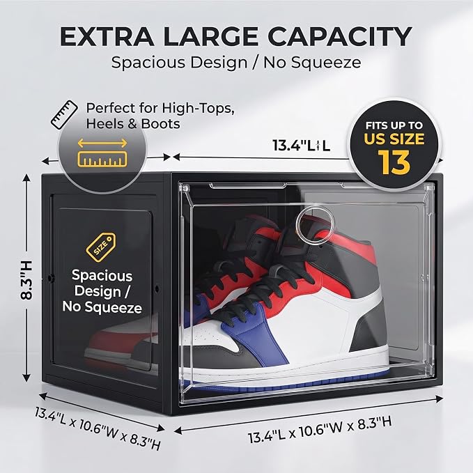 Large Shoe Boxes Clear Plastic Stackable, 8 Pack Drop Side Shoe Storage Organizer with Magnetic Door, Shoe Container Sneaker Storage Display Case Fit up to US Size 13 Black