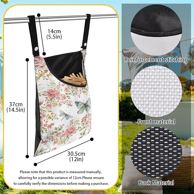 Butterfly Rose Space-Saving Laundry Clothespin Bag, Waterproof Polyester Material, 2 Rope for Hanging and Effortlessly Sliding on The Clothesline Clothespin Holder for Outdoor