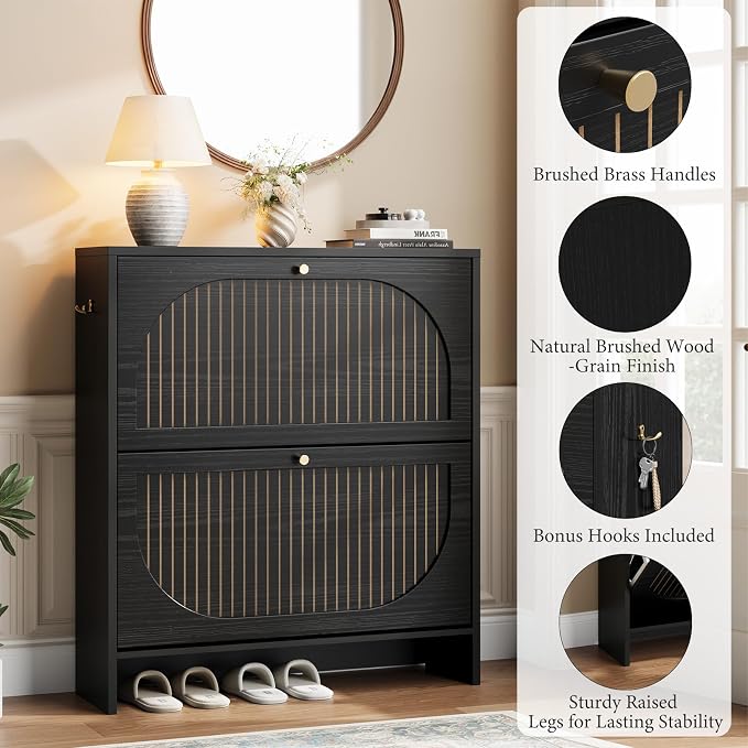 Nicetree Arch-Chic Shoe Cabinet for Entryway, 2 Flip Drawers Shoe Storage Cabinet with Fluted Slim Design, 9.5" Ultra-Narrow Shoe Rack, Tipping Protection, Fits Size 13.5 Shoes