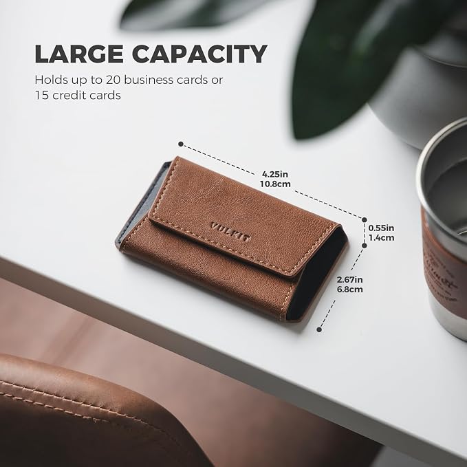 VULKIT Leather Business Card Holder Case for Men Slim Pocket Business Card Wallet Name Card Case Holder, Holds 20 Business Cards Brown