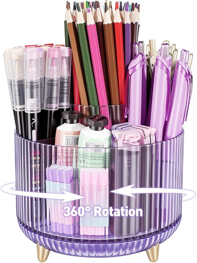 360 Rotating Pen Pencil Holder for Desk, Pen Organizer with 5 Slots, Makeup Brush Holder, Desk Organizer and Accessories, Cute Pencil Cup Caddy for Office School Home Decor Art Supply (Purple)