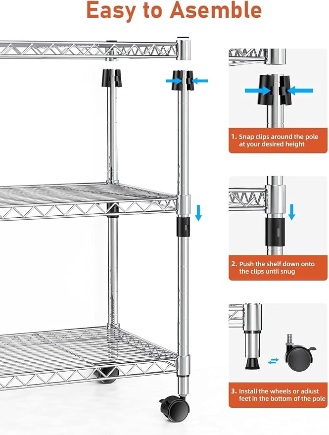 Simple Deluxe Heavy-Duty 3-Tier Rolling Shelving Unit, Adjustable Steel Wire Shelf, 24.02" W x 13.78" D x 29.92" H, 750 lbs Capacity, Chrome Metal Storage Rack for Kitchen
