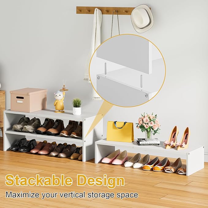 Cidaziya 2 Pack Expandable 1 Tier Shoe Rack for Shoe Cabinet, 1 Tier Stackable White Shoe Shelf Organizer for Closet, Sturdy Metal and Wood Structure, Hold 12-16 Pairs of Shoes