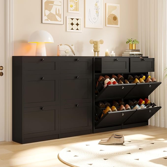 VOWNER Shoe Cabinet with 4 Flip Drawers & 2 Drawers, Freestanding Shoe Storage Cabinet with Adjustable Shelves, Shoe Organizer for Entryway, Hallway, Living Room (Black)