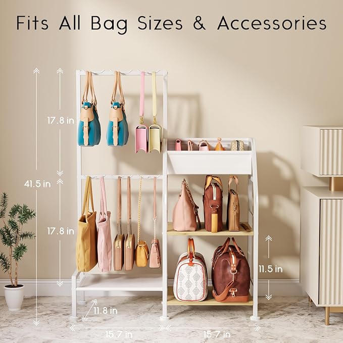 Homsorout Purse Organizer for Women - 3-Tier Storage Stand & 12 Fixed Hooks, Visible Backpack Storage, Space-Saving Bag Organizer Rack for Home, Closet, White
