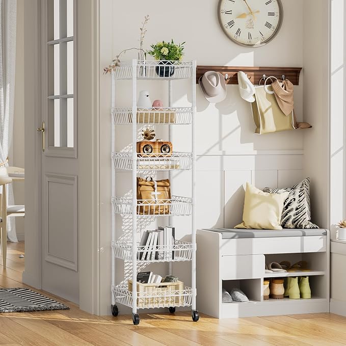 SINGAYE 6 Tier Shelf Wire Shelving Adjustable Storage Shelves Basket Rack | Adjustable Shelves with Wheels Metal Storage Unit Closet Bathroom Organizers Pantry Kitchen Garage Laundry Room White
