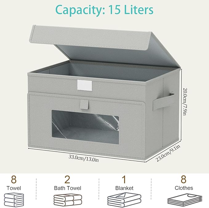 Storage Bins with Lids, Cube Organizer Basket with Window, Closet Boxes with Carrying 2 Handles and Sturdy PP Support Plate, 2 Pack, Grey, 13 x 9 x 7.9 In, XSNY17GM-2