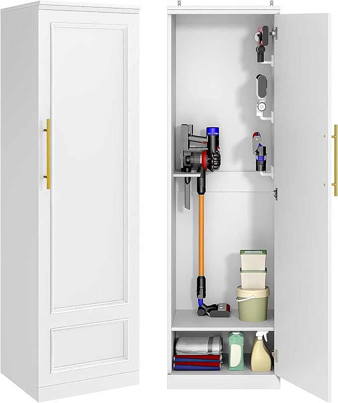 Broom Closet Storage Cabinet, 65" H Slim Utility Closet with Door and Shelf, Tall Vacuum Storage Cabinet with Hooks for Cleaning Tool, Broom Closet Organizer for Bathroom, Garage, White