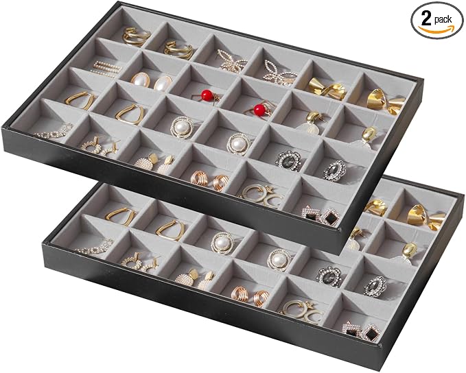 Large Jewelry Organizer Tray 2 Pack, Stackable Jewelry Storage Holder for Drawer Inserts, PU Leather Velvet Jewellery Display Case for Earring Bracelet Necklace Ring (Black Gray, 24 Grids)