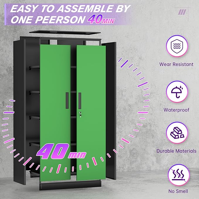 Superday Metal Storage Cabinets, 72" Storage Cabinet with Locking Door, Tall Garage Cabinet with 2 Doors and 4 Adjustable Shelves for Home Office, Classroom, Easy Assemble(Black Green)