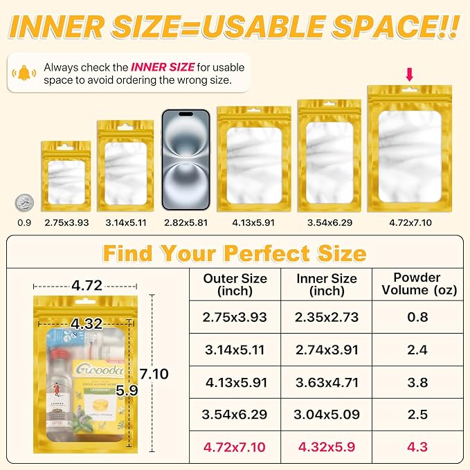 100 PCS Resealable Mylar Bags with Frosted Clear Window Smell Proof Packaging Bags Foil Pouch Zip Bag for Food Self Sealing Storage Supplies Treat Bag (Golden, 4.72x7.1)