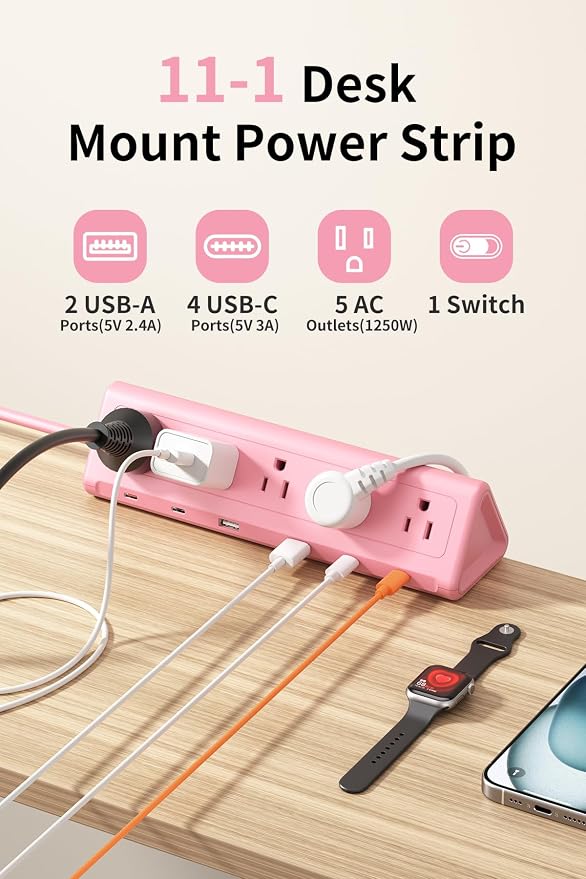 6.5 FT Desk Clamp Power Strip with 5 AC Outlets & 6 USB Ports PD 40W USB-C Fast Charging, Extension Cord with Multiple Outlets, Fits 2.1 in top Edge Pink