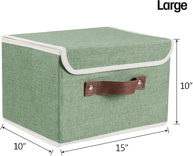 2Pack Storage Bins Boxes with Lids 15"x10"x10" Decorative Storage Baskets | Cotton Linen Fabric, Collapsible, Faux Leather Handles, Storage Cubes, Closet Shelf Clothes Organizer Container, Green