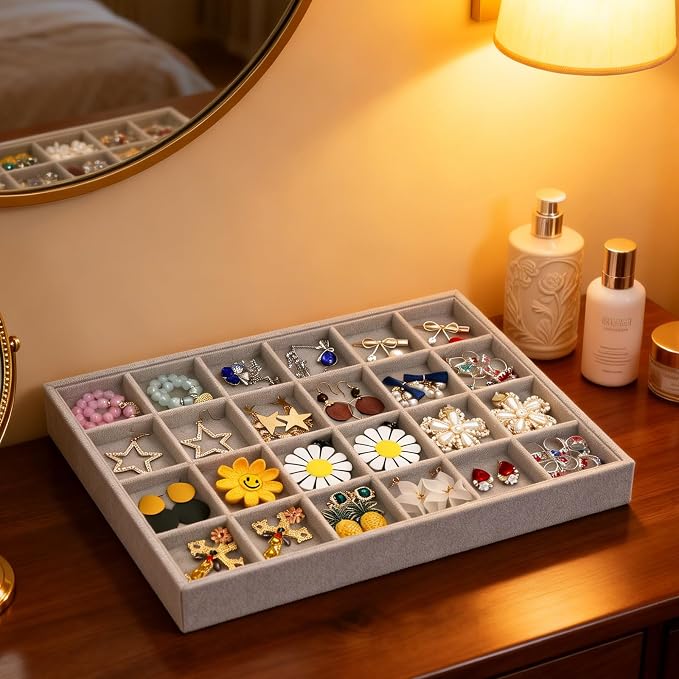 Stratalife 24 Grid Jewelry Organizer Tray, Stackable Drawer Earring Organizer with Adjustable Dividers, Jewelry Display Tray for Necklace Earring Ring Bracelet, 13.8" x 9.4" x 1.2", Grey