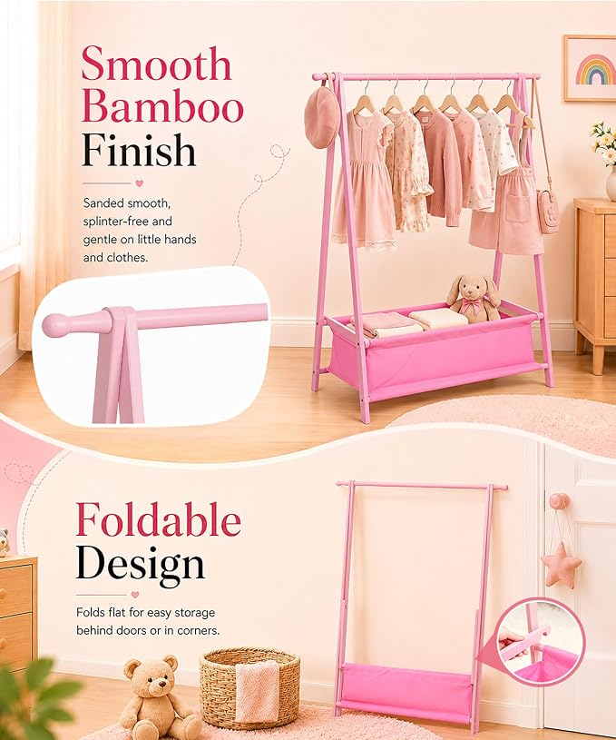 Homde Sturdy Kids Clothes Rack: 66 lb Capacity for Growing Wardrobe Needs | Hanging Rod Holds Clothes, Basket Stores Items Below - Helps Kids Build Tidy Habits - Angled Bamboo Side Frames Add Stability