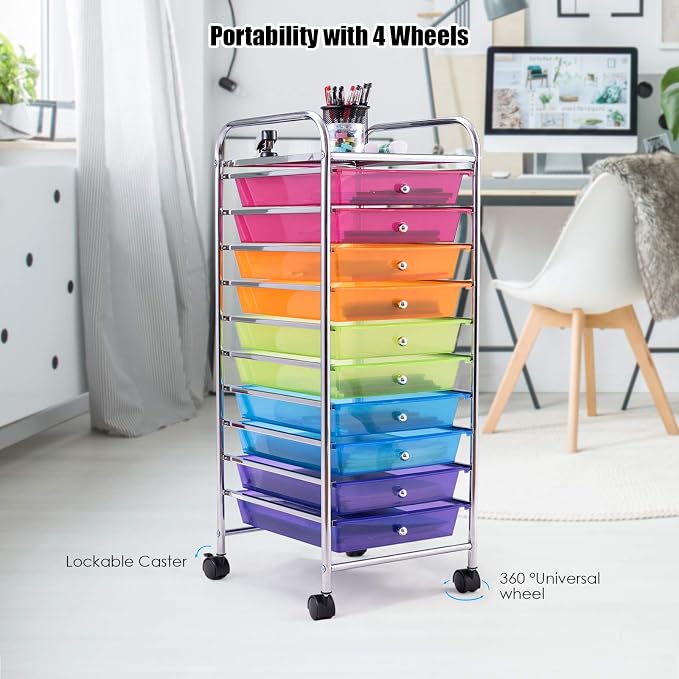 Happygrill 10-Drawer Storage Cart, Utility Cart with Removable Drawers & Metal Frame, Rolling Storage Cart with Lockable Wheels for Home, Office, Rainbow