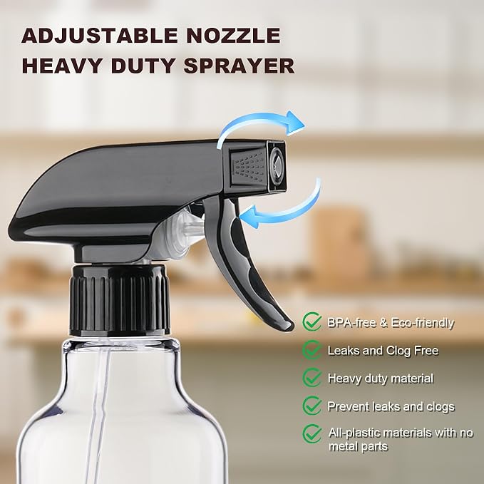 Plastic Spray Bottle 16.9oz Empty Spray Bottles Refillable Container Trigger Sprayer for Cleaning Solutions, Water, Plants, Pet, Essential Oils, Hair, 2 Pack (BlackClear)