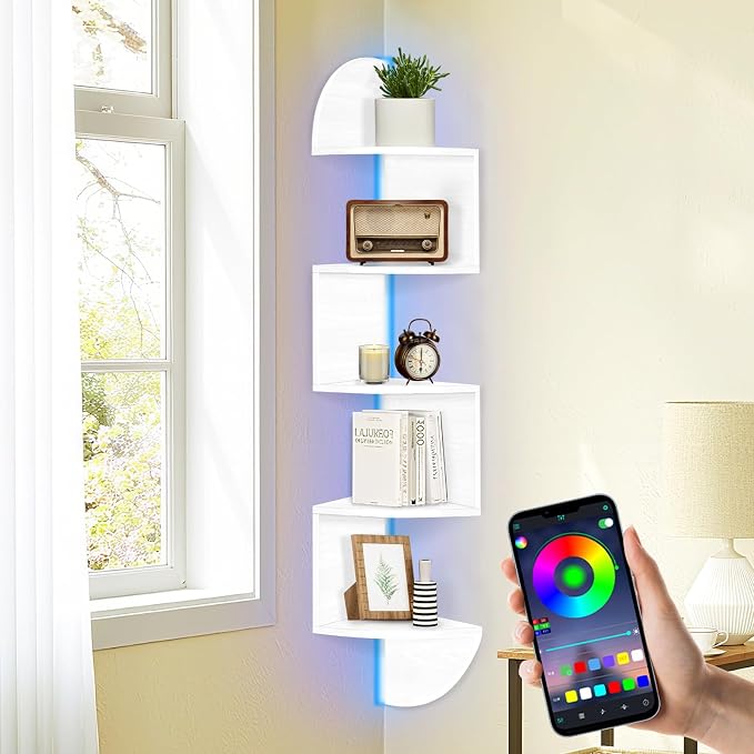 Corner Shelf Wall Mounted Corner Floating Shelves with Light | 5 Tier Corner Bookshelf Stand for Bedroom, Bathroom, Living Room, Kitchen, Office, Home Decor(White)