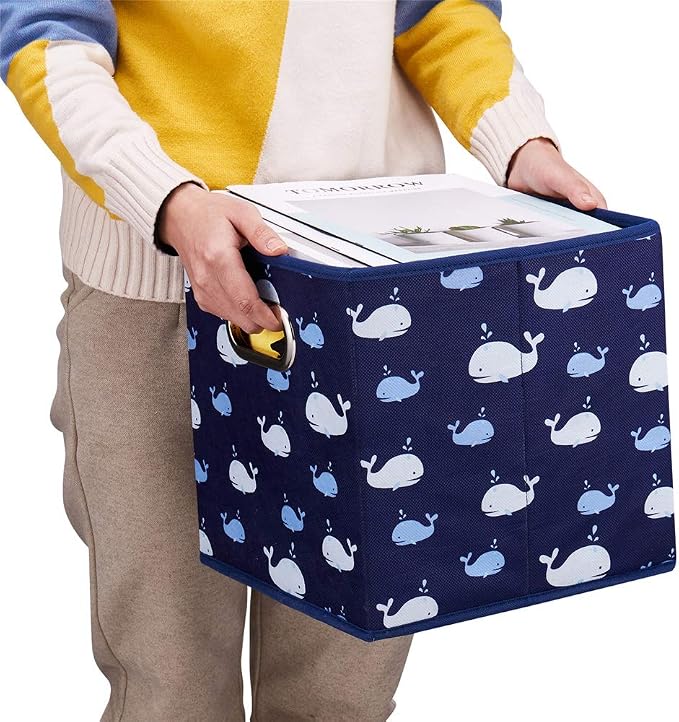 Fabric Cube Storage Bins Whale10.5x 10.5 x 11 in Foldabe Navy Blue Storage Cubes Folding Cloth Storage Cubes Boxes Collapsible Cube Inserts Storage Baskets Drawer for Cube Organizer Closet QY-SC11-6