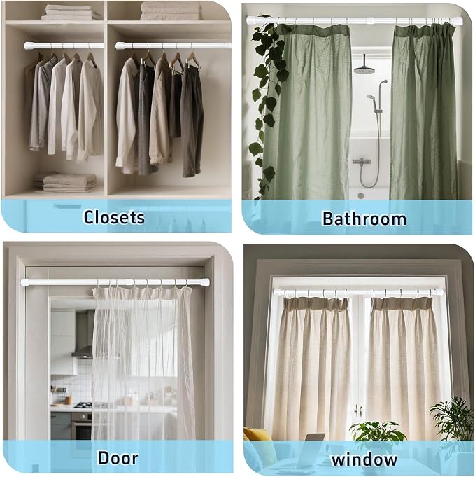 2 Pack White Tension Rods, 53"-98" Adjustable Shower Curtain Rods, Heavy Duty No Drilling Rod, 11lbs Max Load, 1.2" End Cap, 19/22mm Tube, Metal, for Bathroom, Window, Bedroom, Doorway, Closet