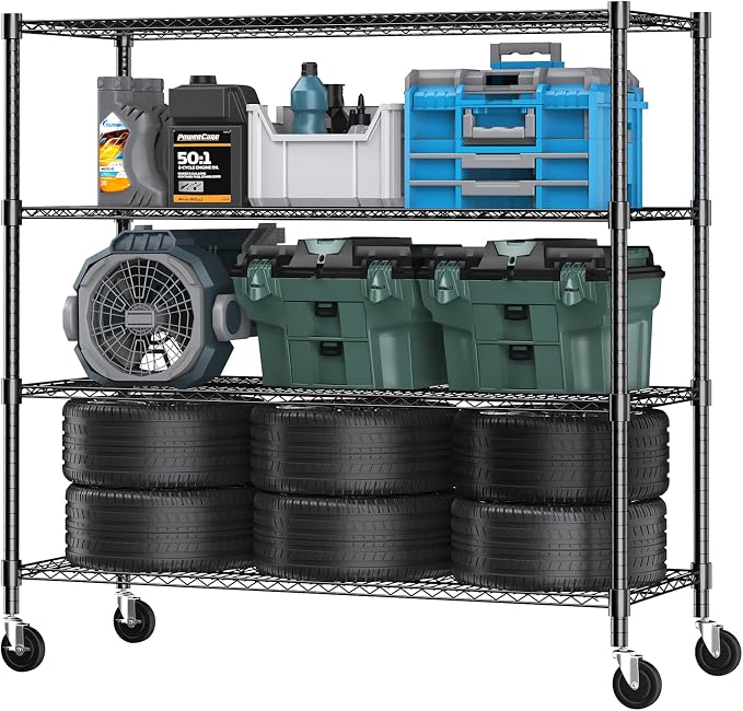 Himimi 72" H Storage Shelves 4 Tier Metal Shelving Adjustable Wire Shelf with Wheels, Heavy Duty Shelving for Garage Kitchen Pantry Bathroom Laundry 18" D*48" W*72" H, Black