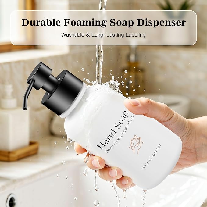 16.9 Oz Glass Foaming Soap Dispenser 2 Pack(White) | Refillable Hand & Dish Soap Pump, With Silicone Tray & 8 Waterproof Labels, For Bathroom & Kitchen，Perfect Housewarming Gift