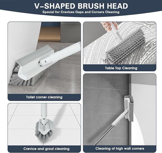 Floor Scrub Brush with Long Handle, 2 in 1 V-Shape Grout Brush with Squeegee + 2 Crevice Cleaning Brushes, Heavy Duty Stiff Bristle Scrubber Brush for Cleaning Shower Bathroom Kitchen Tile