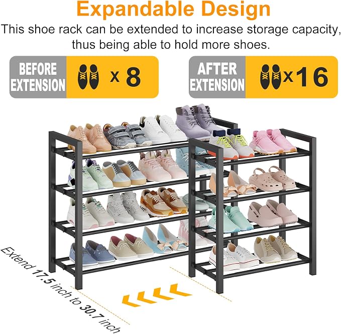 Detsuk 4-Tier Expandable Shoe Rack – Adjustable Metal Shoe Organizer for Closet, Entryway & Mudroom – Stackable, Heavy-Duty Storage, Black