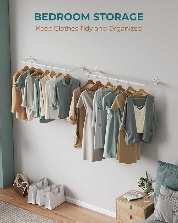 OROPY 38.4" Industrial Pipe Clothes Rack Wall Mounted, Heavy Duty, 2 Pack | Heavy Duty Iron Pipe Clothing Garment Rail, Multi-Purpose Clothing Hanging Rod for Laundry Room and Closet Storage, White