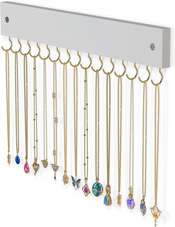 Lolalet Wooden Necklace Holder for Wall with 15 Hooks -Goldwhite | Wall Mount Jewelry Hangers for Necklaces, Chains, Bracelets and Earrings, Tangle-free, Easy to Install