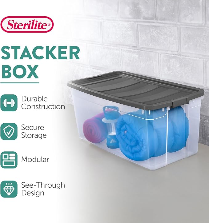 Sterilite 9-Pack Modular Stacker Box, Durable Clear Plastic Storage Bins with Latching Lids, 200 Quart - Stackable Organizing Container Boxes for Closet, Bathroom, and Office