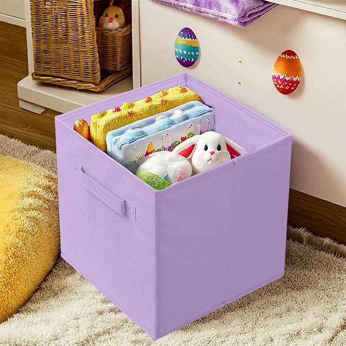 PowerKing Collapsible Storage Cubes, Farbic Storage Bins, Purple, 6 Pack | Sturdy, Lightweight, Easy Pull Handle, Closet & Shelf Organizer, Clothes and Toys Storage, 10.5'' x 11'' x 10.5''
