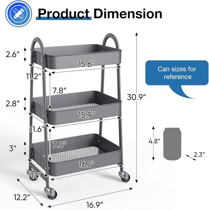 DUMOS 3 Tiers Rolling Cart, Utility Cart, Metal, Gray | Mobile Storage, Lockable Wheels, Utility Shelving Unit, Kitchen, Bathroom, Laundry, Narrow Places