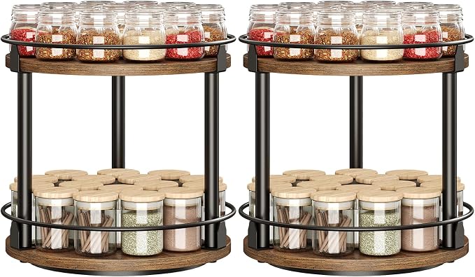 YATINEY Spice Rack, Set of 2 Lazy Susan Organizer, 2-Tier Turntable Organizer, Rotating Spice Rack Organizer For Cabinet, Compact and Versatile, for Kitchen Countertop, Rustic Brown SR22L2BR