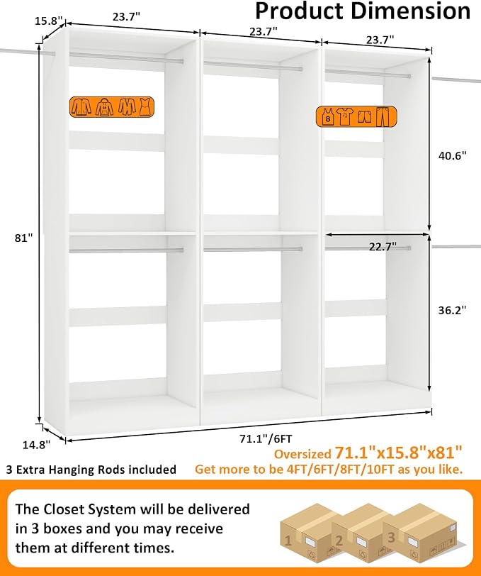 Closet System with 9 Hanging Rods& Shelf , 6FT Small Closet Organizer System Wood with Extra Side Hanging Rod for Walk in Closet Storage, Modular Closet Systems, White(6FT)