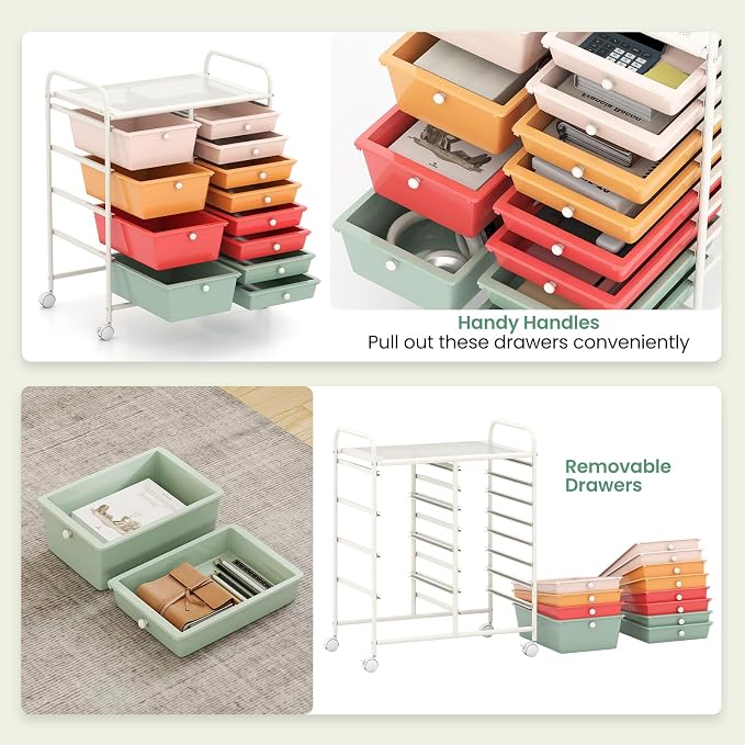 RELAX4LIFE 12-Drawer Rolling Storage Cart - Mobile Utility Drawer Carts with Wheels, Craft Organizers Cart for Classroom Organization and Storage, Home, School, Office