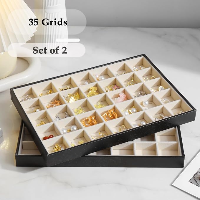 Large Jewelry Organizer Tray 2 Pack, Stackable Jewelry Storage Holder for Drawer Inserts, PU Leather Velvet Jewellery Display Case for Earring Bracelet Necklace Ring (Black Beige, 35 Grids)
