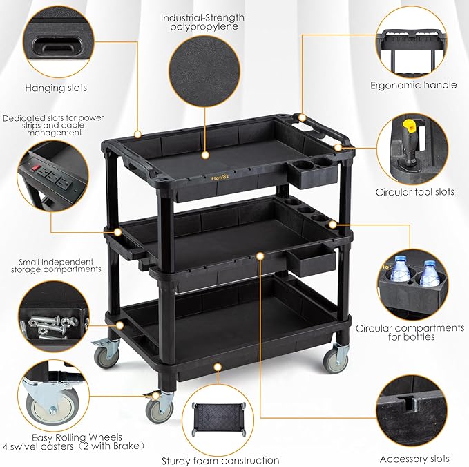 ELAFROS 3-Shelf Heavy Duty Rolling Utility Cart, 32.4 x 18.3 in | Multi-Use Service Tool Cart, 500 lbs Capacity, Deep Shelves, Industrial-Grade Plastic Cart, Mobile Work Organizer